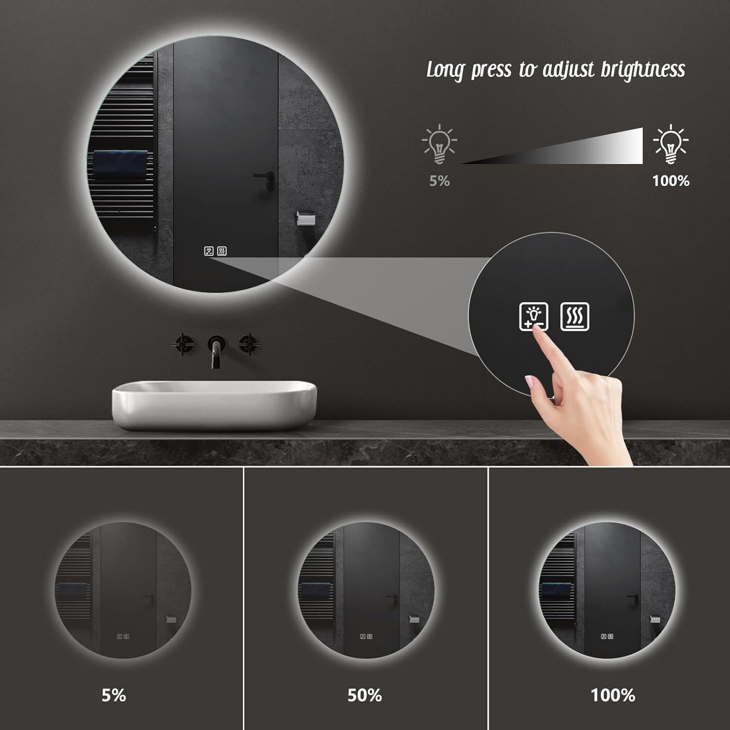 APRILSOUL 36 Inch Round LED Backlit Bathroom Mirror, Vanity Mirror with Anti-Fog, Touch Button, 3 Colors and Dimmable Light