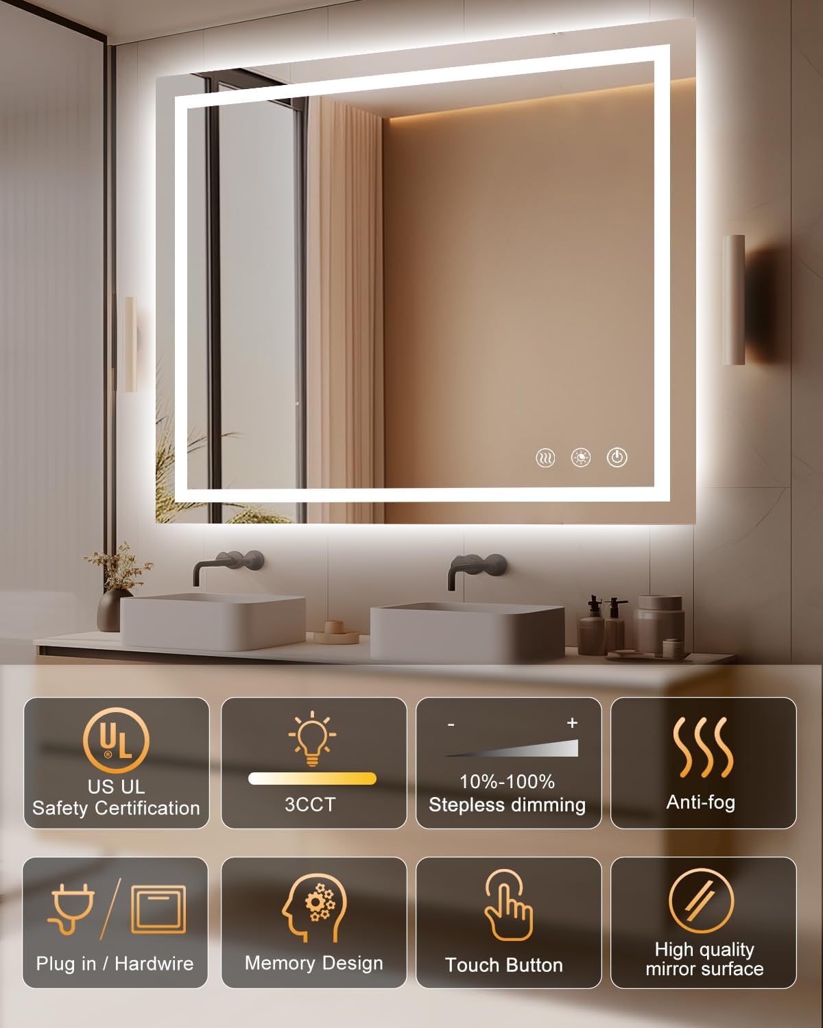 oneup 40''x36'' LED Bathroom Mirror with Lights,Front Lighted Bathroom Mirrors for Wall,Anti-Fog Vanity Mirror,Touch Button and Memory Function,Dimmable 3-Color Lights (Horizontal/Vertical)