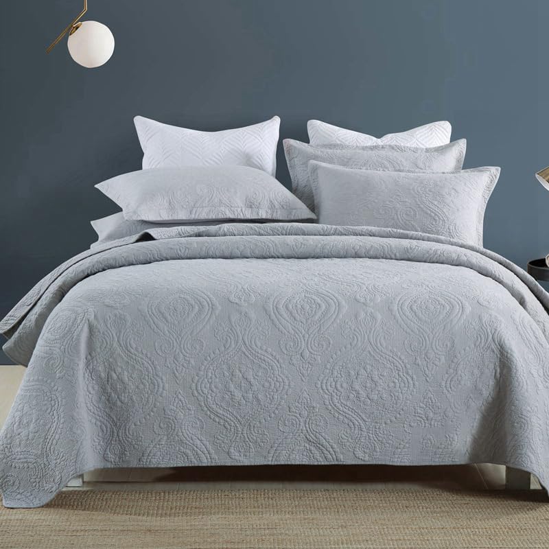 Quilt Set Floral Leaves 3D Embroidery Pattern 3 PCS Cotton Reversible Quilted Embroidered Decorative Bedspreads Coverlet Set, Lightweight &Soft Queen Size Beige Bedding Coverlet for All Season