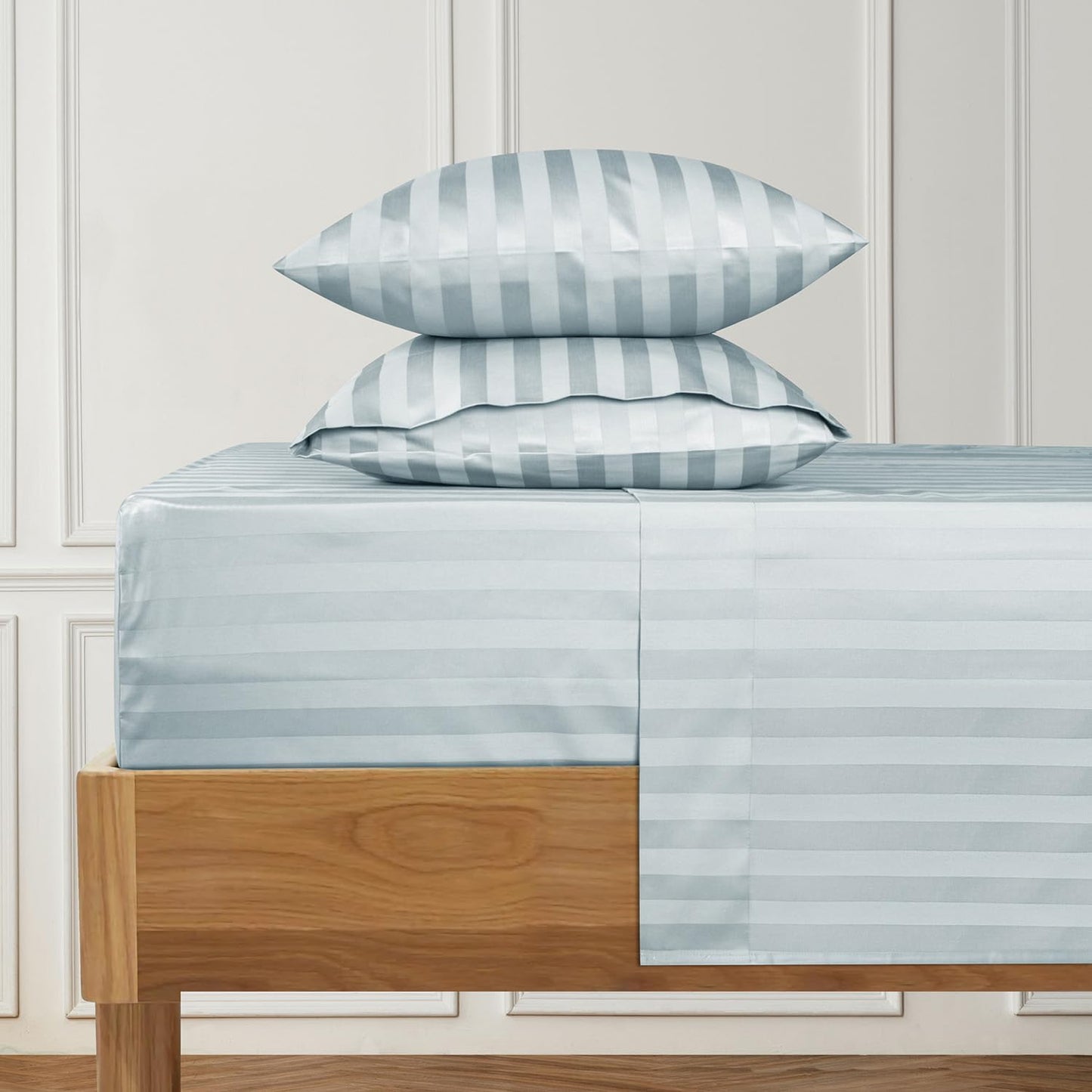 URBANHUT 1000 Thread Count Damask Striped California King Sheet Set Egyptian Cotton, Long Staple Soft & Breathable, 4 Pc Bed Sheet Sets, Luxury Hotel Sateen Sheets Fits 16" Deep Pocket - Light Blue
