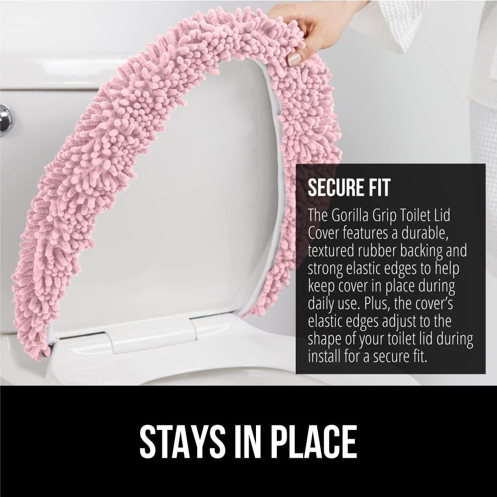 GORILLA GRIP Soft Chenille Bathroom Toilet Lid Cover, Machine Washable Seat Covers, 19.5x18.5, Stays in Place Rubber Backing, Fits Most Round, Elongated and Oblong Lids, Accessories Decor, Light Pink