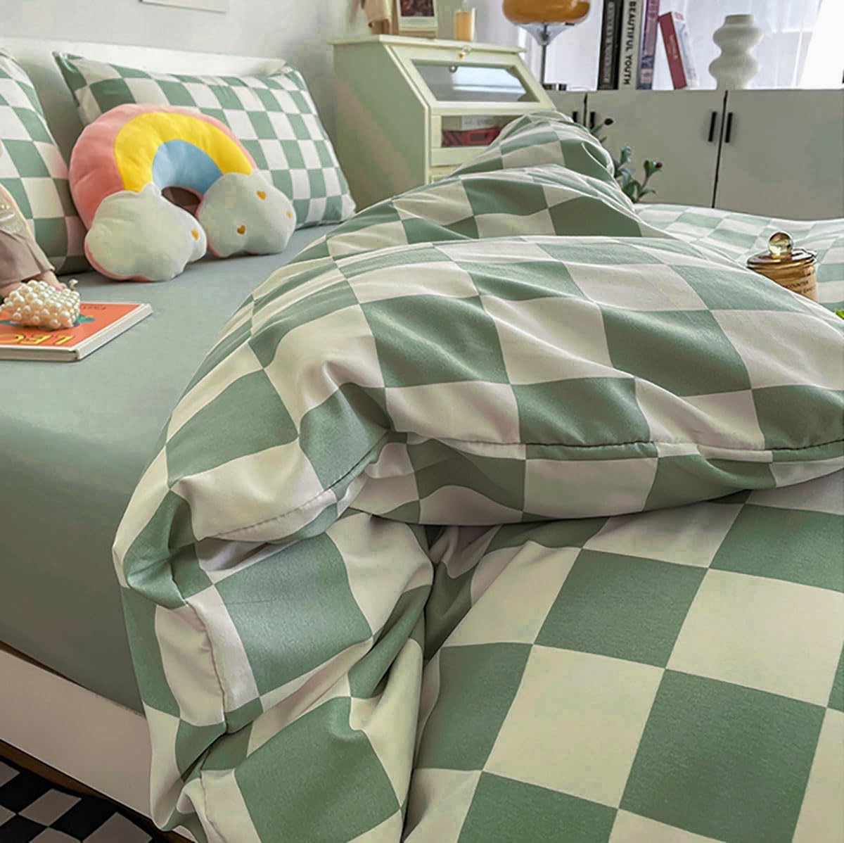 KAREVER Green White Grid Comforter Set Full Sage Green Plaid Bedding Set Girls Light Green White Checkered Bed Set Breathable Blanket Set Kids Durable Bedding Comforter Set