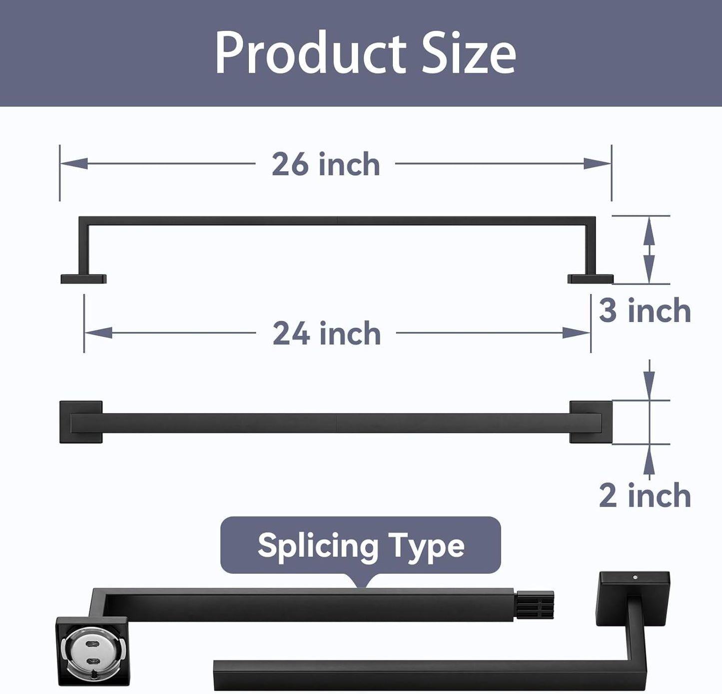 Matte Black Towel Bar, 24 Inch Bathroom Towel Rack, Towel Holder Wall Mounted, Square Base Thicken SUS304 Stainless Steel Towel Rod Modern Home Decor (Total Length 26-Inch)
