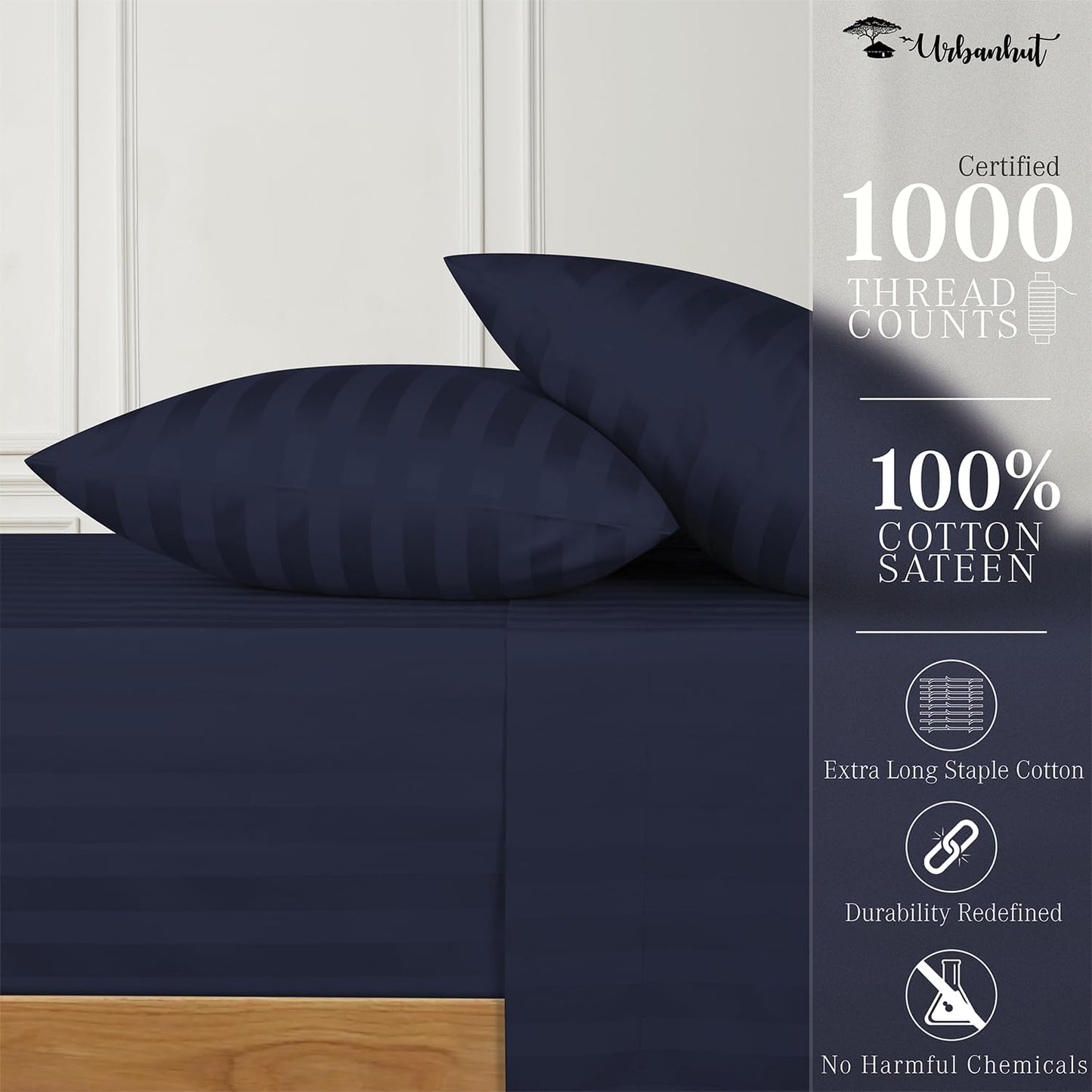 URBANHUT 1000 Thread Count Damask Striped Full Sheet Set Egyptian Cotton Sheets, Long Staple Soft & Breathable, 4 Pc Bed Sheet Sets, Luxury Hotel Sateen Sheets Fits 16" Deep Pocket - Navy Blue