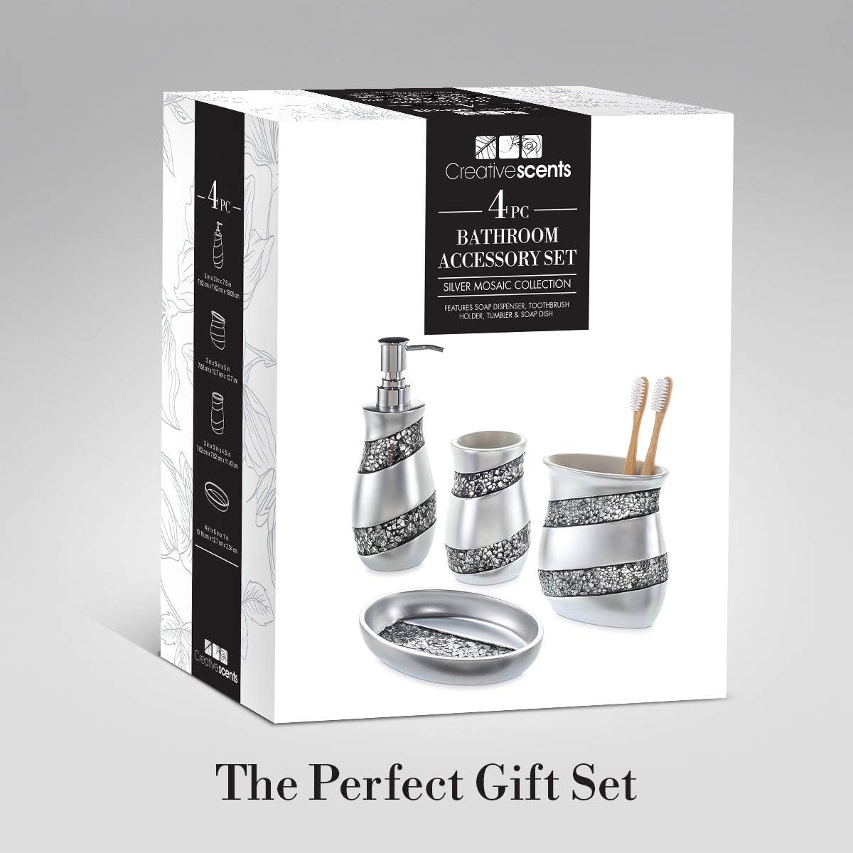 Creative Scents Silver Bathroom Accessory Set - Mosaic Glass Bathroom Soap Dispenser Set; 4-Piece Bathroom Set Includes: Lotion Dispenser, Toothbrush Holder, Tumbler & Soap Dish - Gift Packaged
