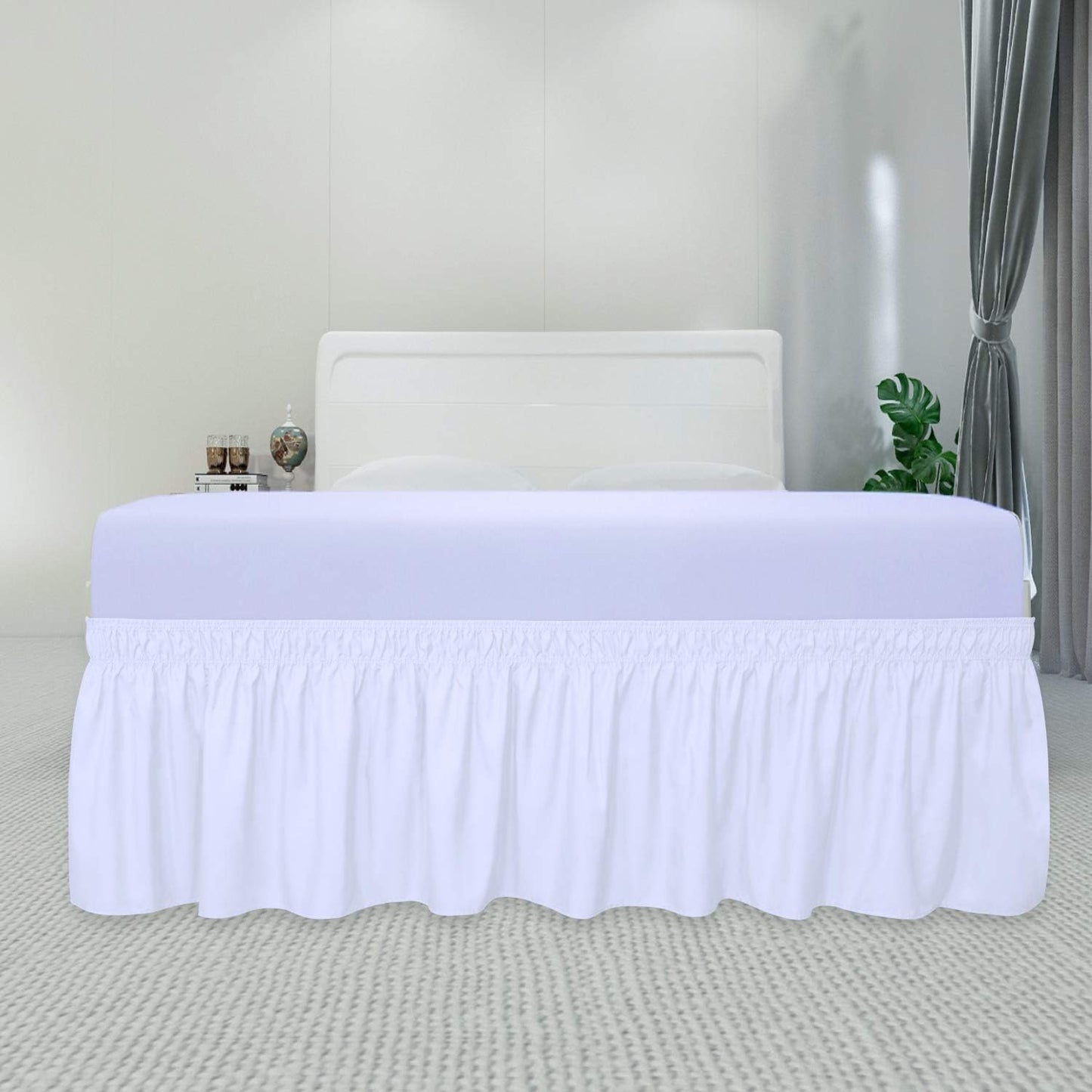 PureFit Wrap Around Ruffled Bed Skirt with Adjustable Elastic Belt - 22 Inch Drop Easy to Put On, Wrinkle Free Bedskirt Dust Ruffles, Bed Frame Cover for Twin, Twin XL and Full Size Beds, White