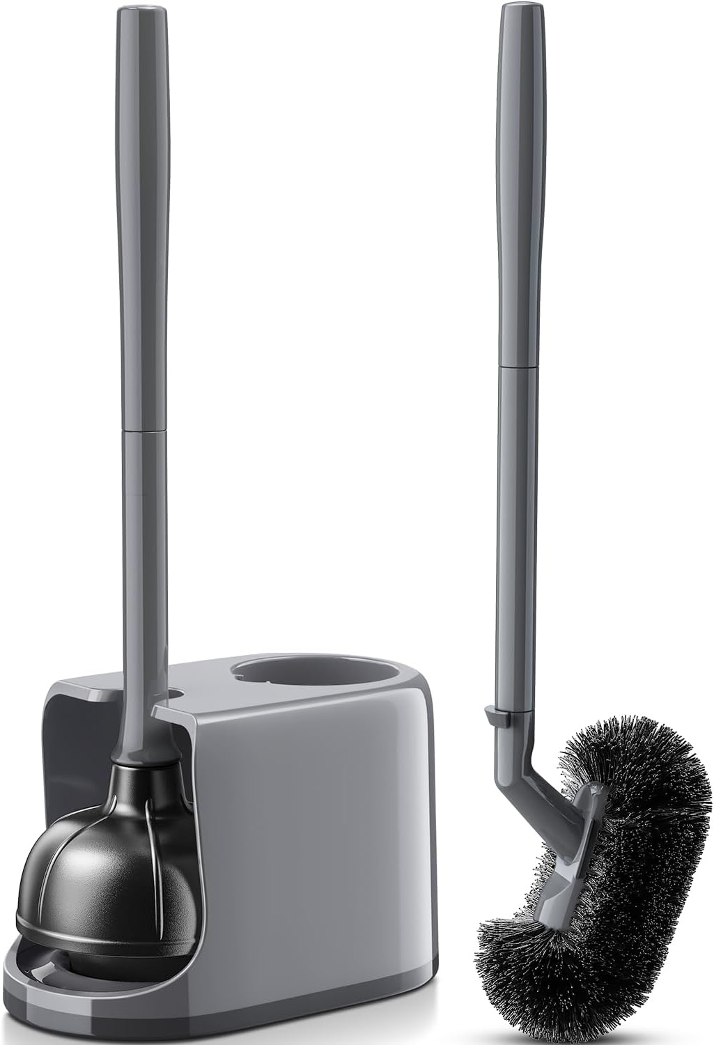 HAMITOR Toilet Plunger Bowl Brush Combo：Heavy Duty Rubber for Drain Clog Remover - Curved Design Bristles for Deep Cleaning Under Rim - Compact Bathroom Cleaning Tools for New Homet Essentials -Gray