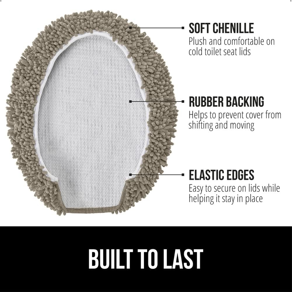GORILLA GRIP Soft Chenille Bathroom Toilet Lid Cover, Machine Washable Seat Covers, 19.5x18.5, Stays in Place Rubber Backing, Fits Most Round, Elongated and Oblong Lids, Accessories Decor, Latte