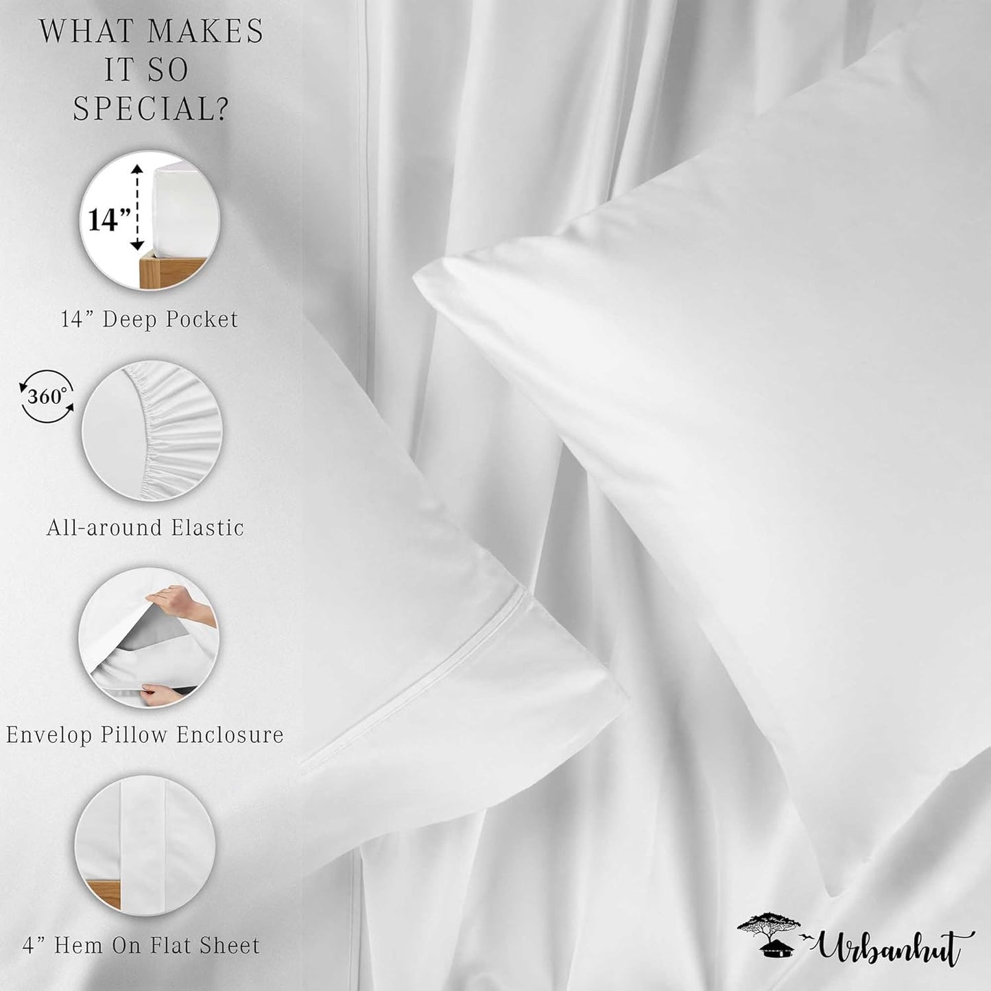 URBANHUT 700 Thread Count Egyptian Cotton Sheets Twin Size, 4Pc Sheet Set Soft Luxury Bed Sheets for Twin Size Bed, Sateen Weave Hotel Sheets, 16'' Elasticized Deep Pocket - White
