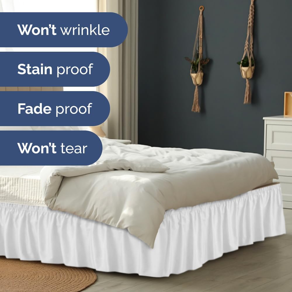 Wrap Around Dust Ruffle Bed Skirt - White - for Queen Size Beds w/ 16 Inch Drop - Easy Fit Elastic Strap - Adjustable Pleated Bedskirt w/Brushed Fabric, Wrinkle & Fade Free Women, Men, Kids & Teens