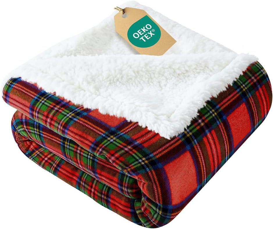 Christmas Sherpa Blanket Throw Size - Reversible Sherpa Fleece Blanket - Super Soft Double Sided Throw for Bed, Sofa, Couch - Thick, Warm, Cozy & Plush - Xmas Winter Bedding - Christmas Tartan, 50x60