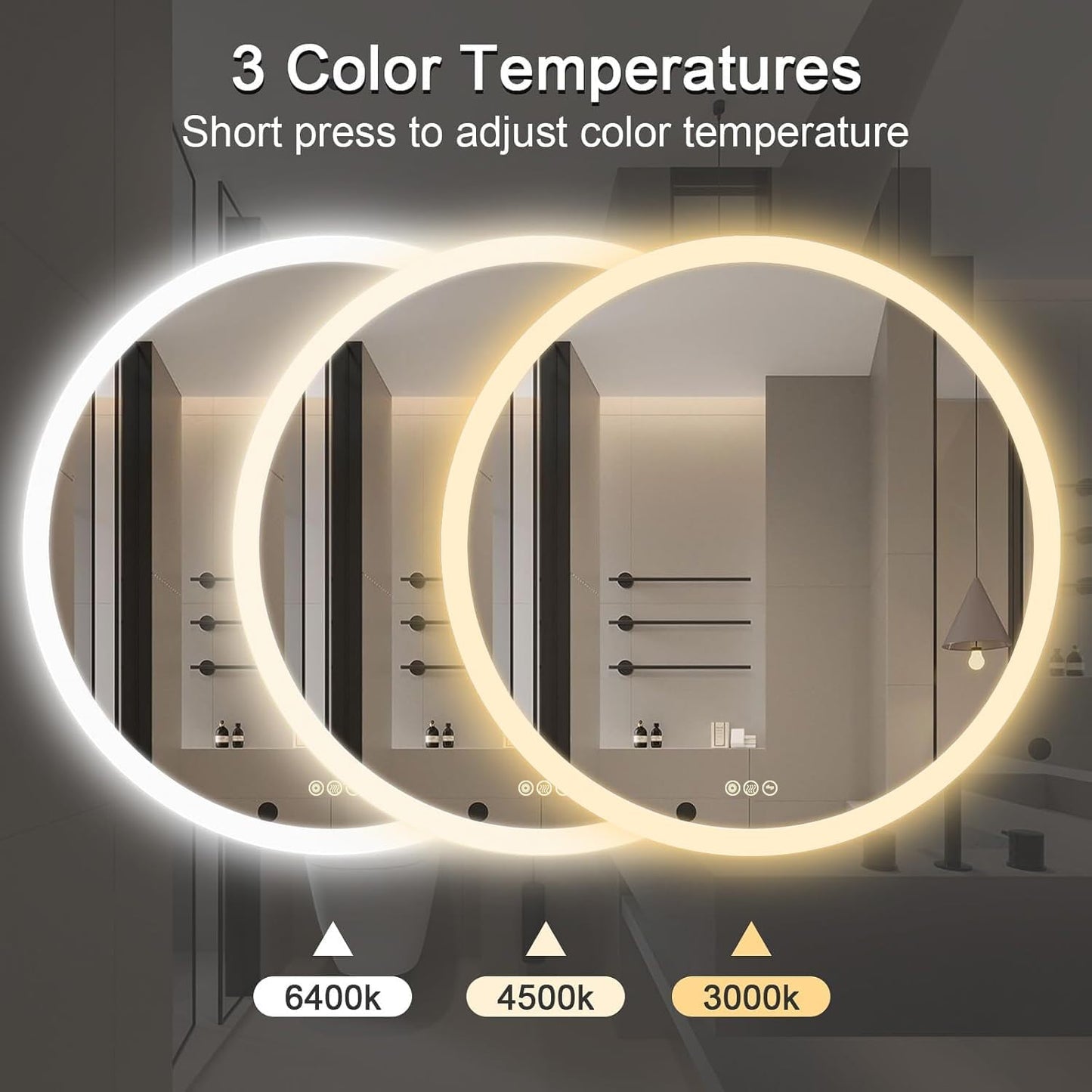 Wall-Mounted LED Round Bathroom Mirror, Makeup Mirror (32 inches x 32 inches,) 3 Color Stepless Dimmable Memory Bathroom Vanity Mirror with Lights CRI90+ 3000-6400K Smart Mirror with Touch