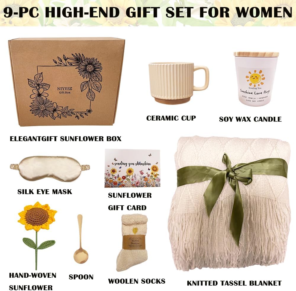 Sunflower Gifts For Women Birthday Gifts for Women Self Care Gift Get Well Soon Baske Spa Gift Care Package Luxurious Flannel Blanket Unique Christmas Gift for Mom Wife Friend Grandma Sister