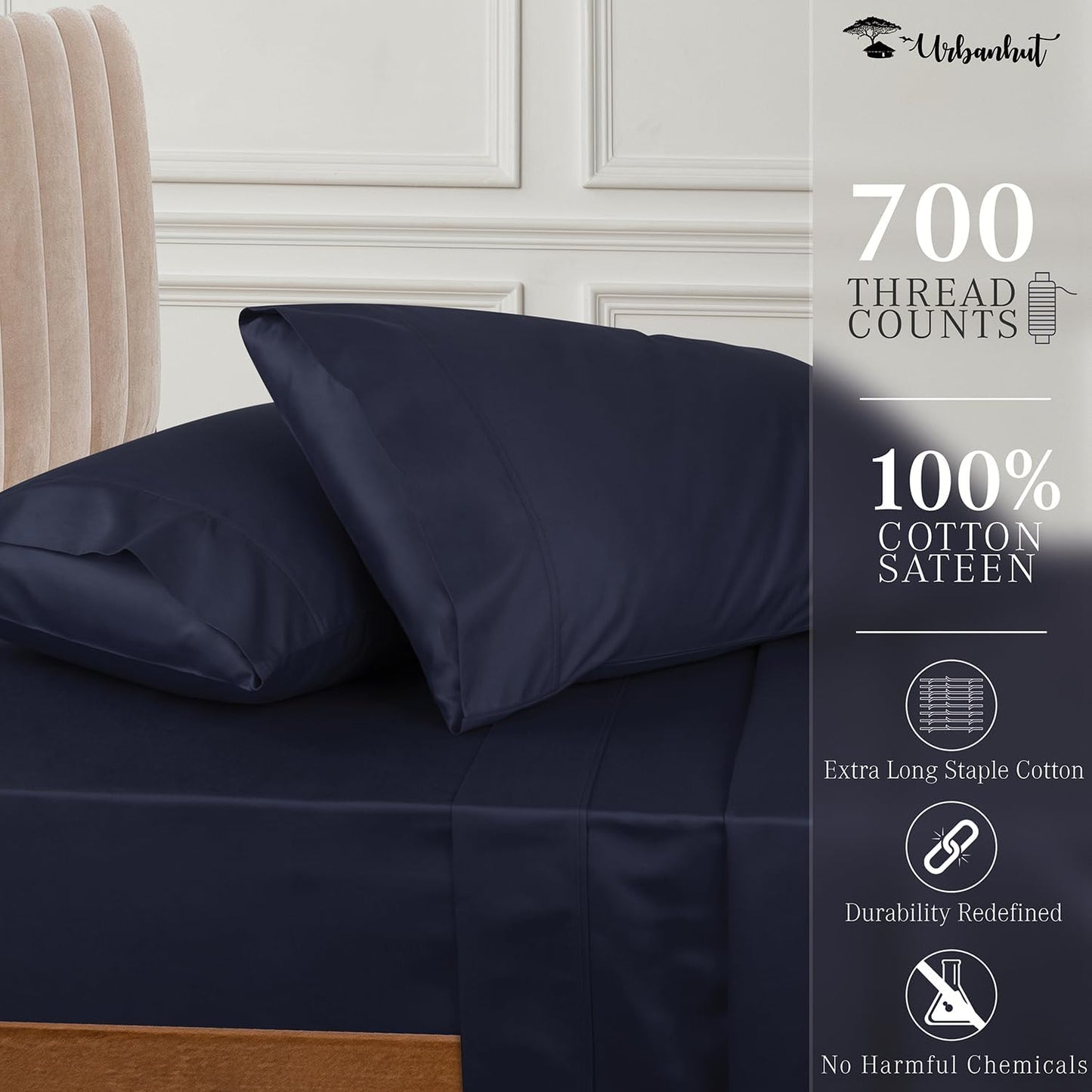 URBANHUT 700 Thread Count California King Size Egyptian Cotton Sheets, 4Pc Sheet Set Soft Luxury Bed Sheets for Cal King Size Bed, Sateen Weave Hotel Sheets, 16'' Elasticized Deep Pocket - Navy Blue
