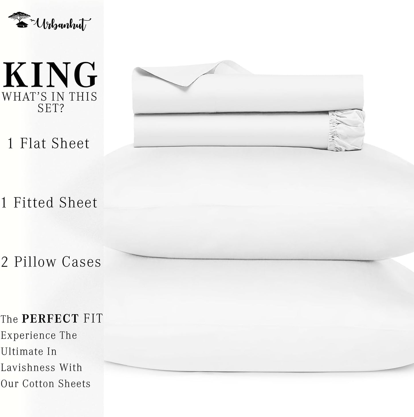 URBANHUT 700 Thread Count Egyptian Cotton Sheets King Size, 4Pc Sheet Set Soft Luxury Bed Sheets for King Size Bed, Sateen Weave Hotel Sheets, 16'' Elasticized Deep Pocket - White