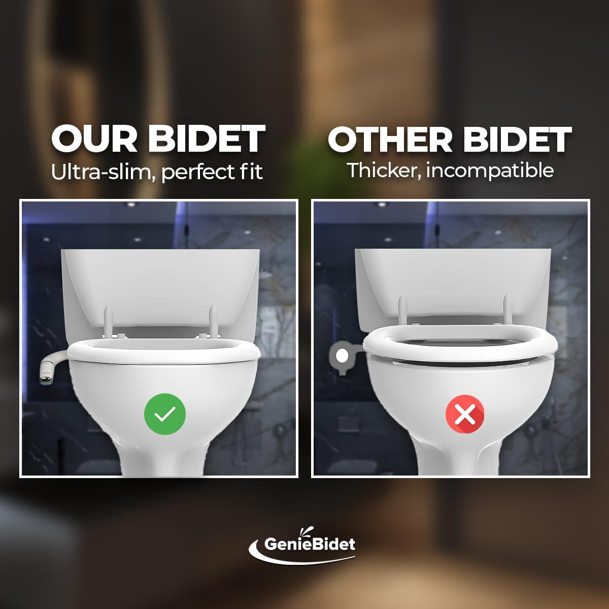 GenieBidet Bidet Attachment for Toilet, Ultra-Slim Self Cleaning Toilet Bidet with Separate Rear & Feminine Cleansing Nozzles, Includes Travel Bidet & 4 Accent Rings (Right-Handed)