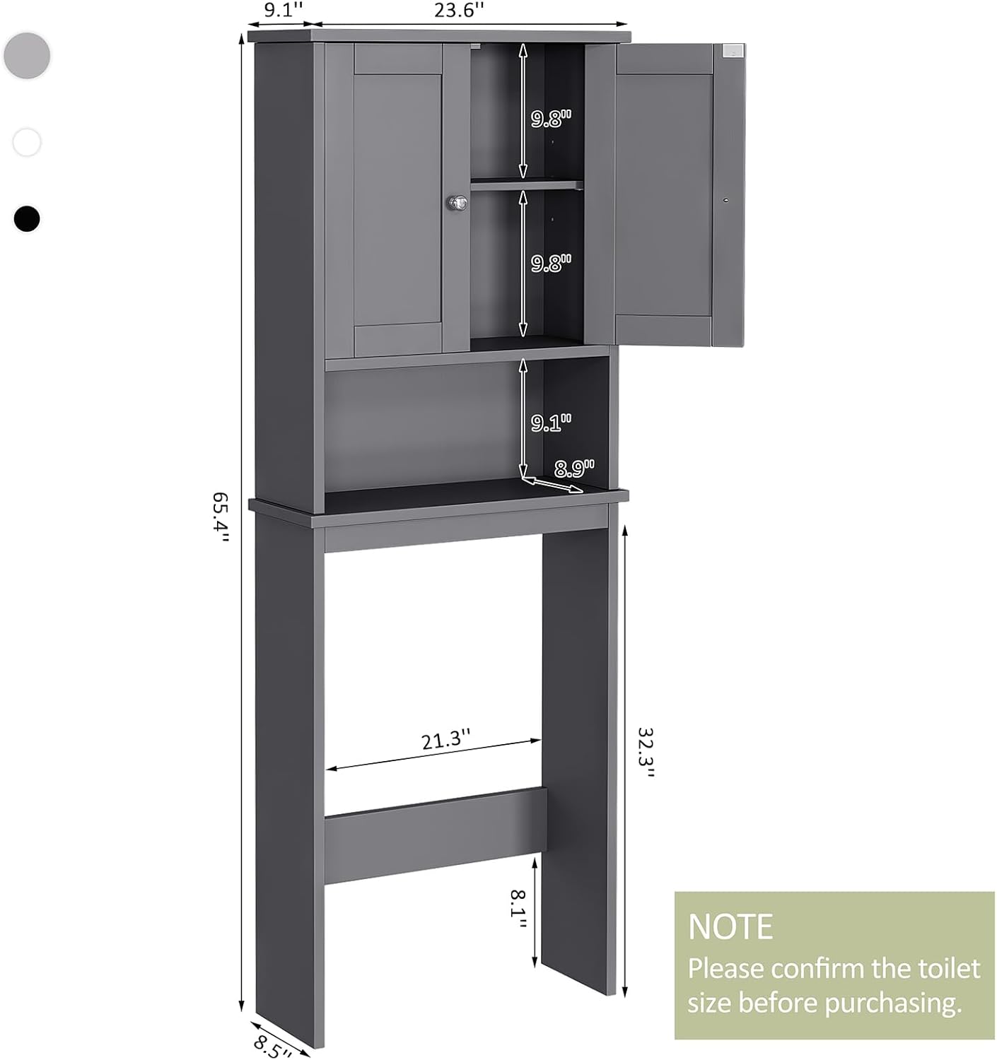 Meilocar Over The Toilet Storage Cabinet, Bathroom Storage Cabinet Over Toilet with 2 Wood Doors, Freestanding Space Saver, Adjustable Shelf & Open Shelf, Grey