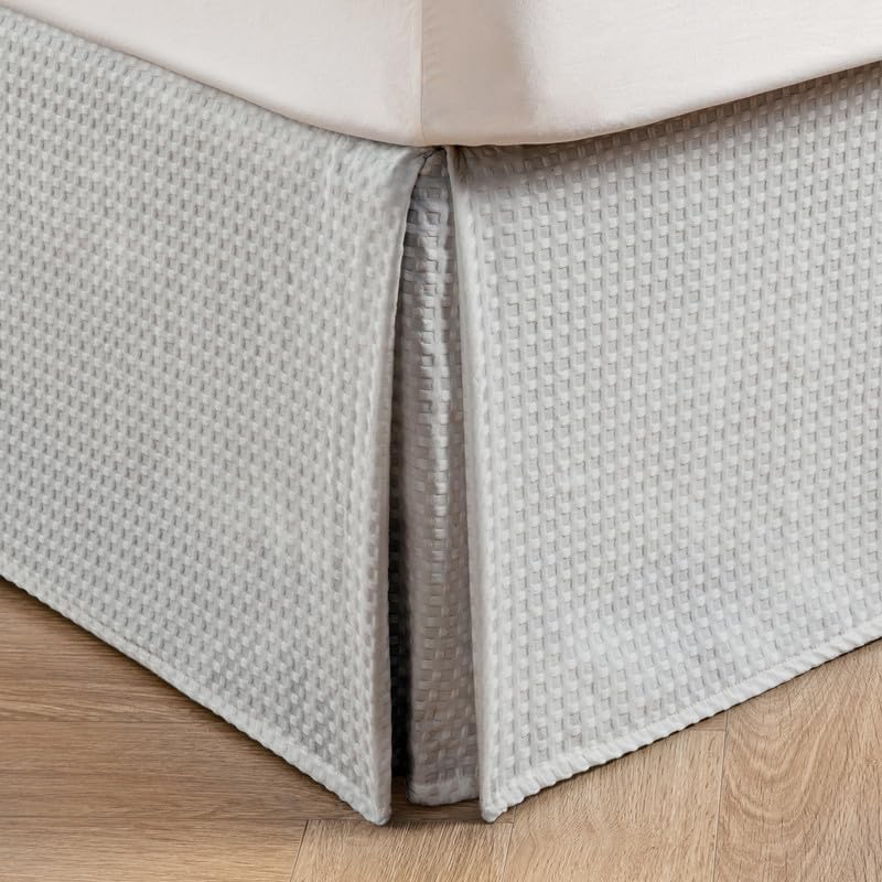 MIYE Pleated Waffle Weave Bed Skirt, Tailored Dust Ruffle 14 Inch Drop Easy Fit, Machine Washable (Light Grey, Full - 14" Drop)