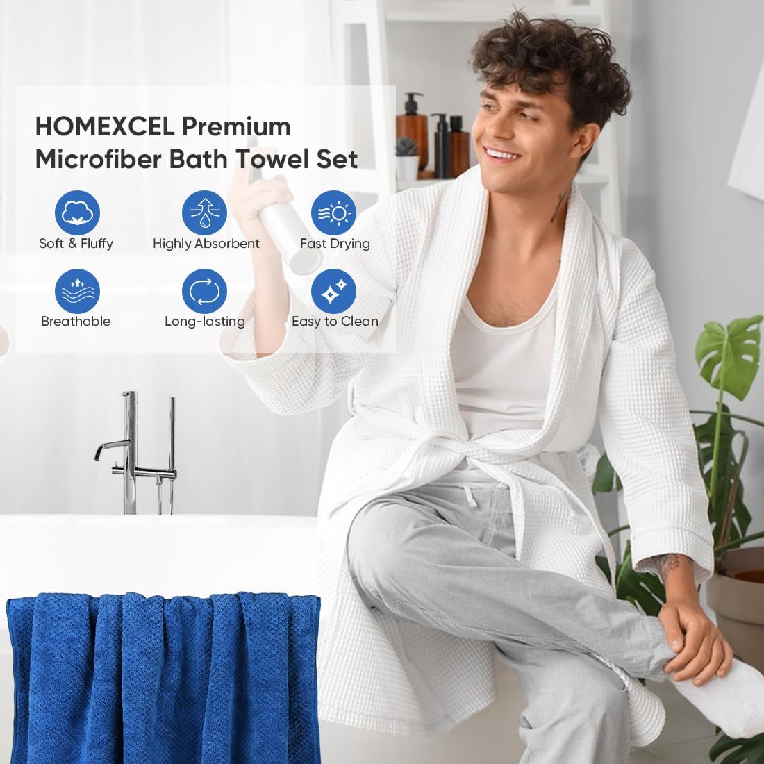 HOMEXCEL Bath Towel Set Pack of 4, 30 x 60 Inches Large Microfiber Bath Towels, Soft, Absorbent, and Quick Dry Towels for Bathroom, Pool, Beach, Swim, and Yoga, Large Bathroom Towels, Blue