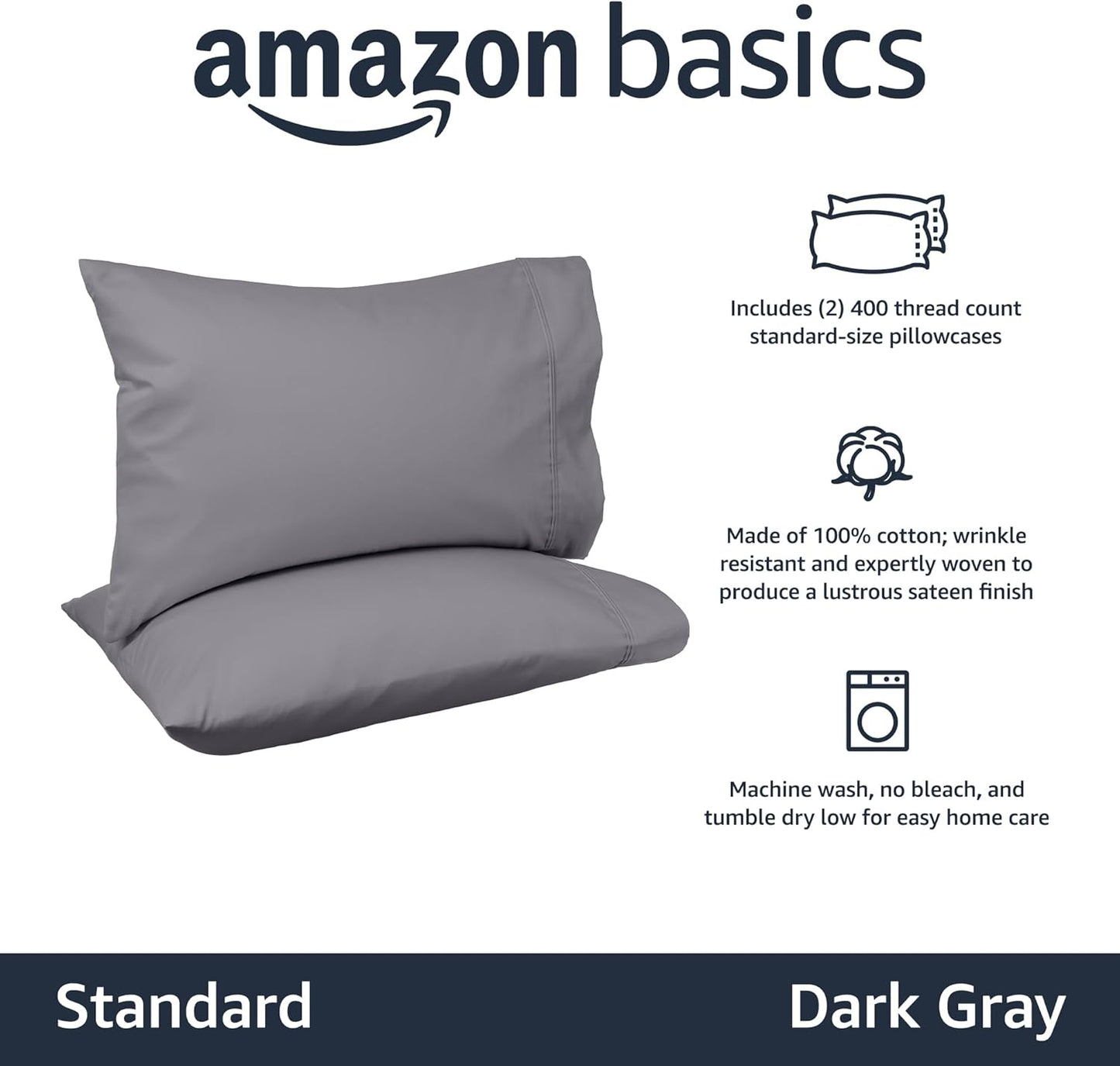 Amazon Basics 400 Thread Count Cotton Pillow Case, Standard, 30" L x 20" W, Dark Gray - Set of 2