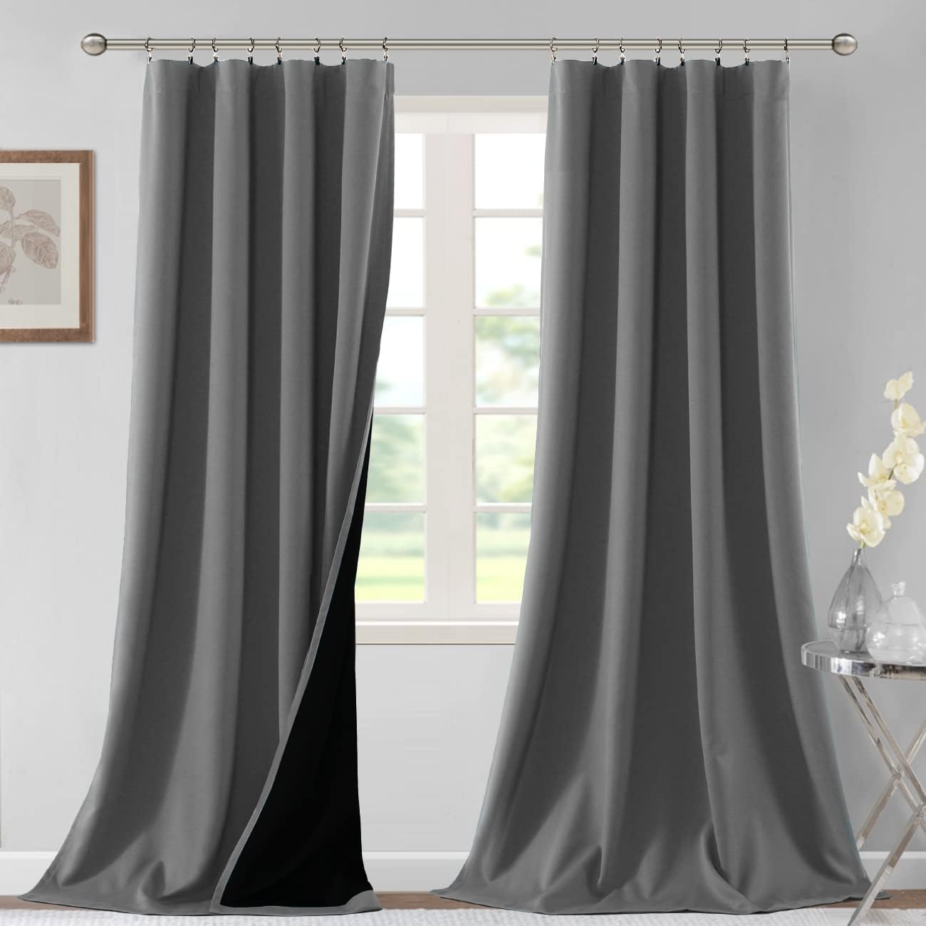 H.VERSAILTEX 100% Blackout Curtains for Bedroom Thermal Insulated Blackout Curtains 108 Inches Long Rod Pocket/Clip Rings Curtains for Living Room with Black Liner 2 Panels, Grey