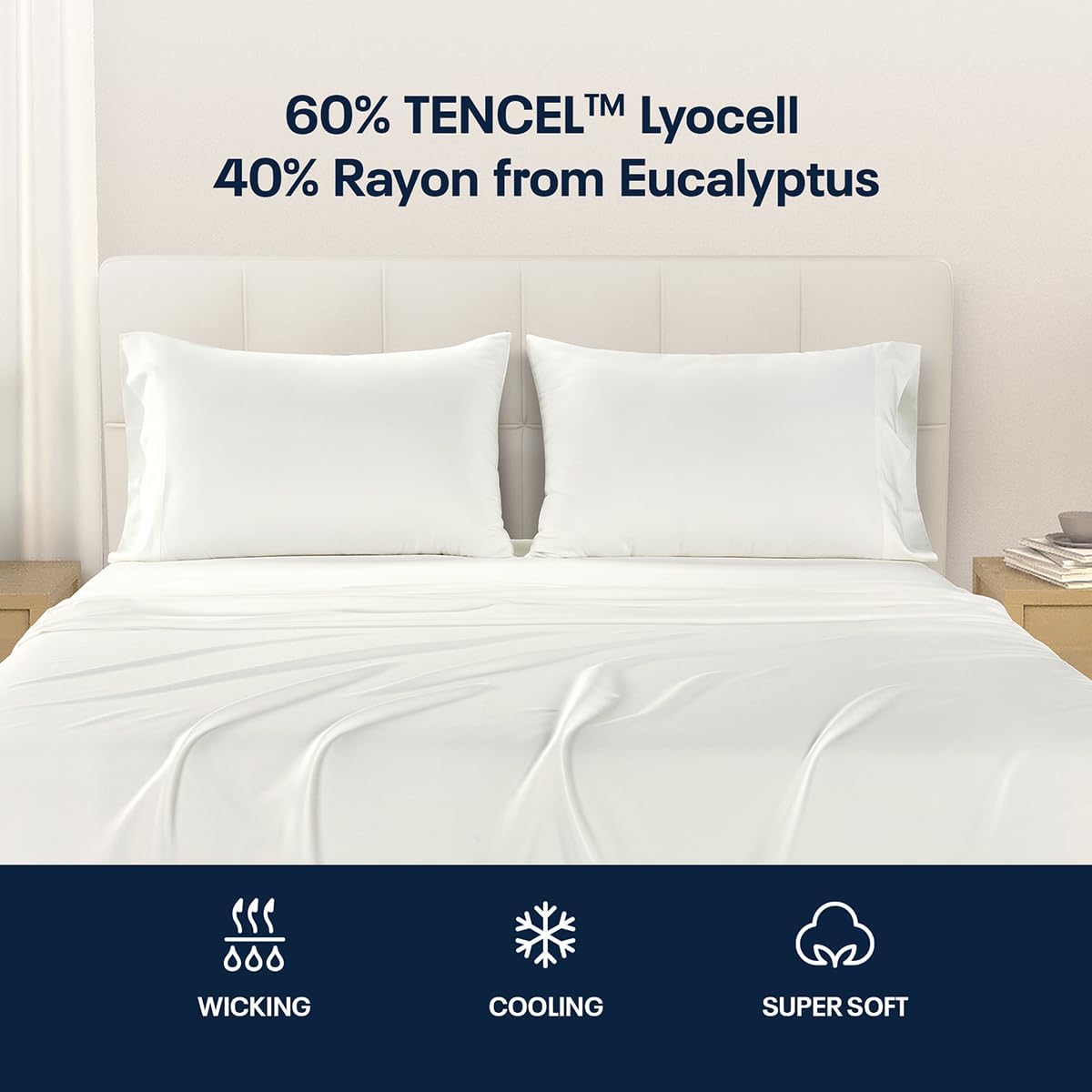 Reebok Twin Size Sheet Set from Tencel Eucalyptus - Soft, Cooling & Breathable for Hot Sleepers, Deep Pocket Up to 17 Inches, 4Pc Hotel Luxury Bedding Set, Bedsheet & Pillowcases (White, Twin)