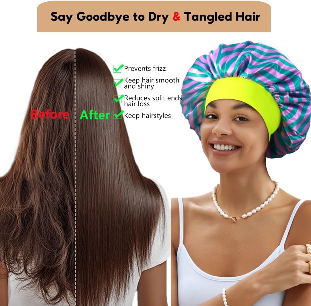 3+3 Large Satin Bonnets with Scrunchies for Women, Wide Band Hair Bonnet for Sleeping Braids Curly Hair