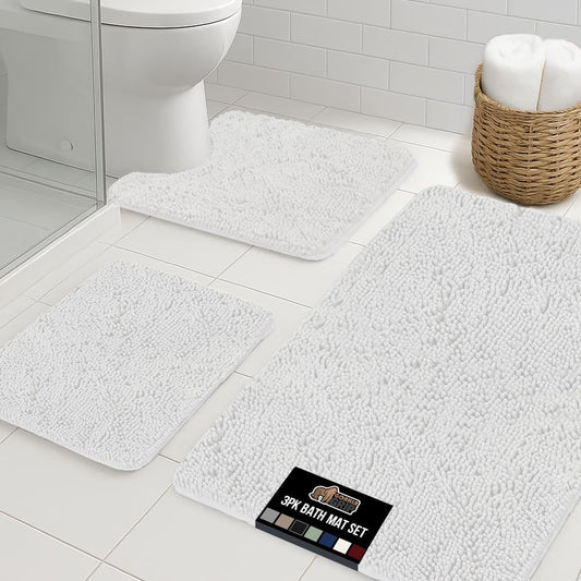 GORILLA GRIP Bathroom Rug Sets 3 Piece, Bath Mat Set and Oval Toilet Base with Rubber Backing, Plush Absorbent Shaggy Chenille Washable Mats, Includes 24x19.5, 24x17 and 36x24 Inch Rugs, White