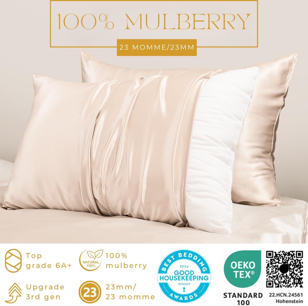 PROMEED 100% Mulberry Silk Pillowcase King for Hair and Skin, Both Sides Grade 6A+ 23mm Silk Pillow Case with Zipper, 1400 TC, Soft & Smooth (King 20"x36", Champagne)