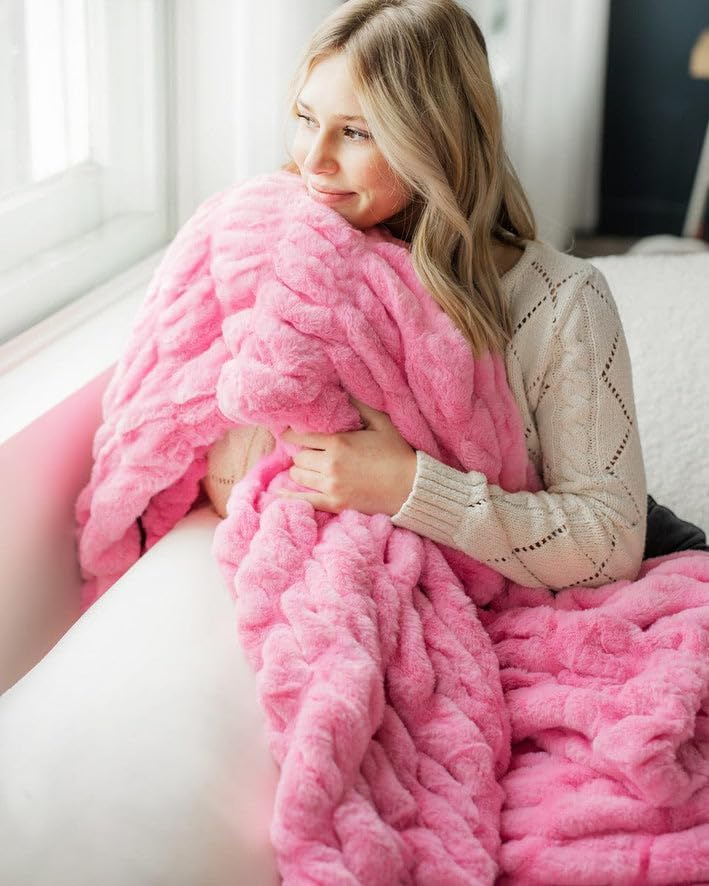 Minky Couture Hugs Blanket - Extra Plush Blanket for Premium Gifting - Stretchy Bubbled Cozy Throw - Silky Smooth - Durable & Machine-Washable - Travel-Friendly - Adult, Pink