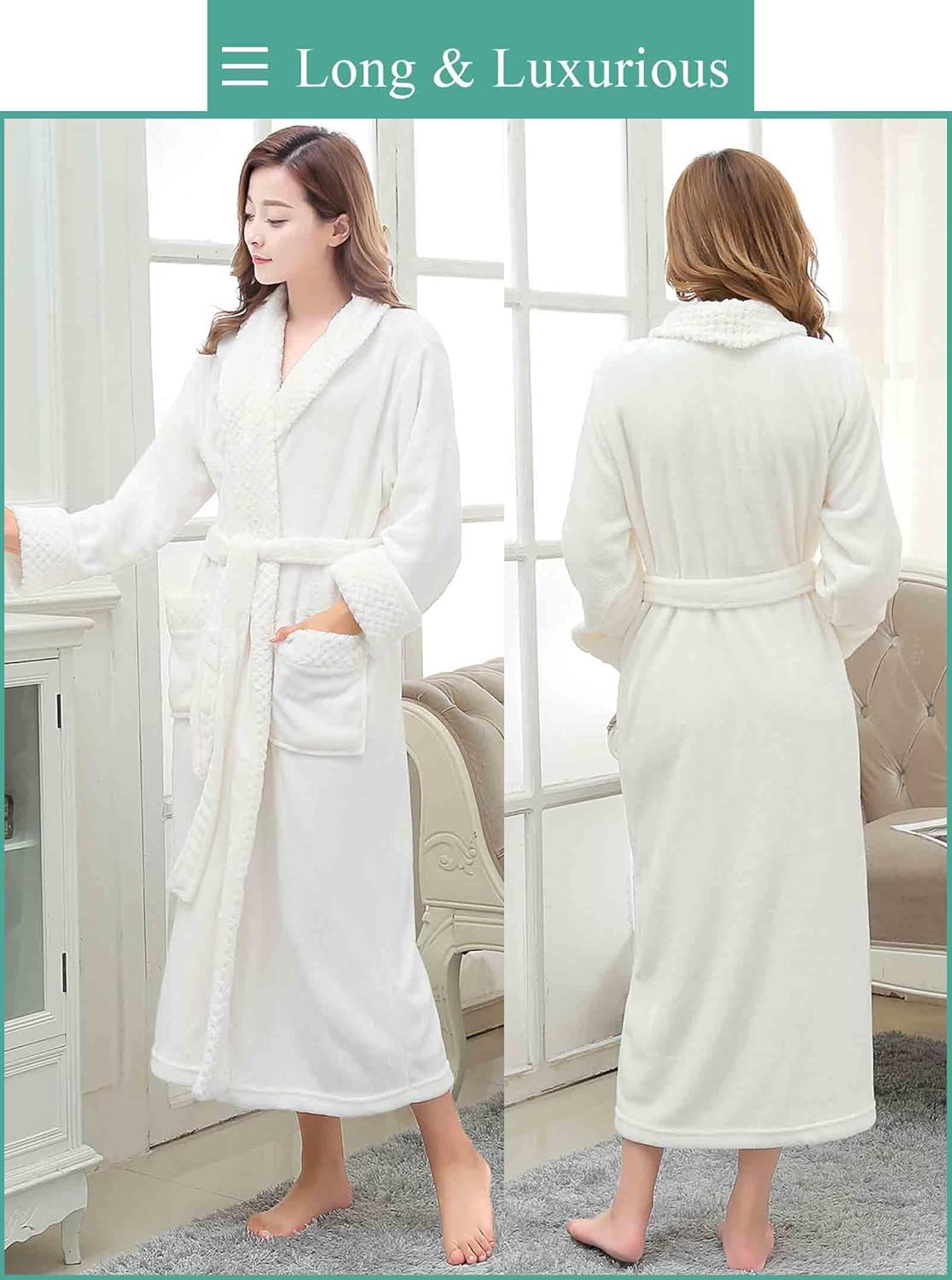 Artfasion Womens Long Fleece Robe - Warm Soft Floor Length Flannel Bathrobes for Winter Thicker Long House Coat with Pockets