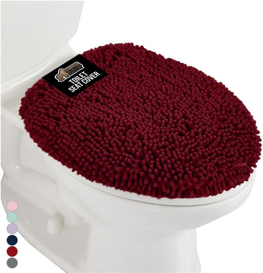 GORILLA GRIP Soft Chenille Bathroom Toilet Lid Cover, Machine Washable Seat Covers, 19.5x18.5, Stays in Place Rubber Backing, Fits Most Round, Elongated and Oblong Lids, Accessories Decor, Burgundy