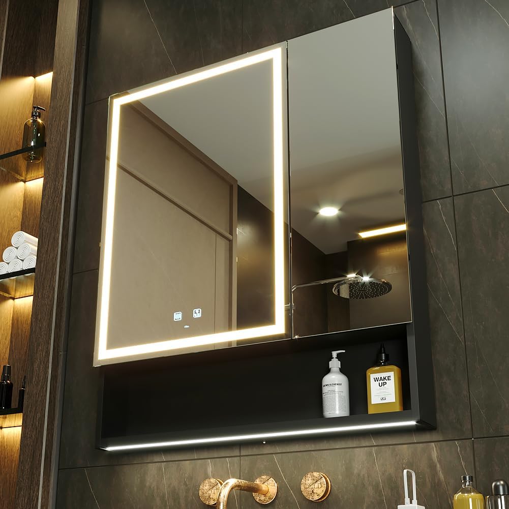KWW LED Lighted Bathroom Medicine Cabinet with Sockets & USBs, Defogger, Dimmable, 3 Color Light Makeup Mirror, Easy to Install, Wall Mounted Cabinet (Two-Door, 30 * 34)