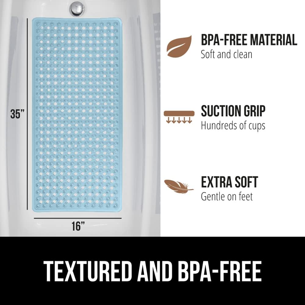 GORILLA GRIP Patented Bath Tub Shower Mat, Machine Washable Bathtub Floor Liner Mats, Suction Cups and Drain Holes to Keep Tubs Clean, Soft on Feet, Bathroom Essentials, 35x16 Inch, Clear Blue