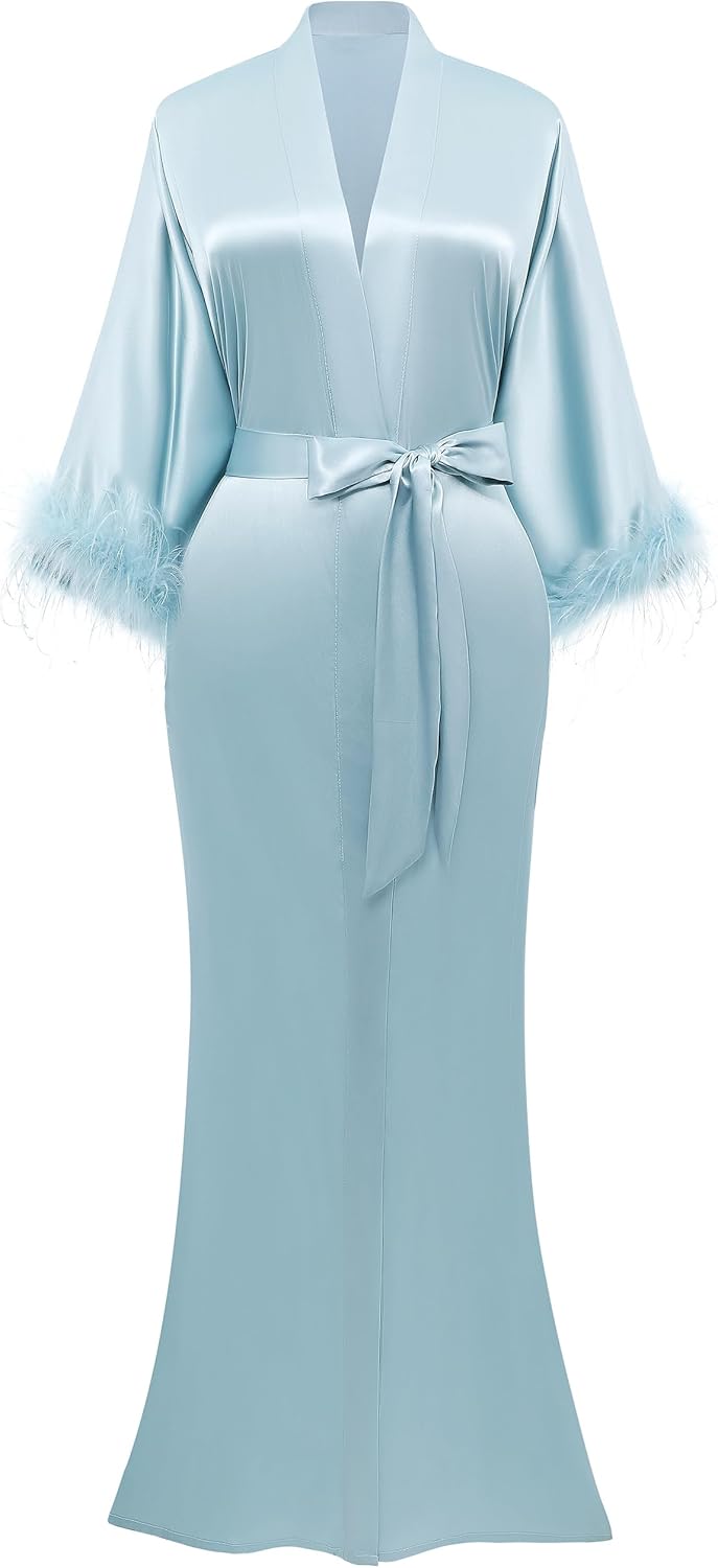 PRODESIGN Satin Kimono Robe Long Silky Bathrobe with Ostrich Feather Trim Sleepwear Wedding Bridesmaid Dressing Gown