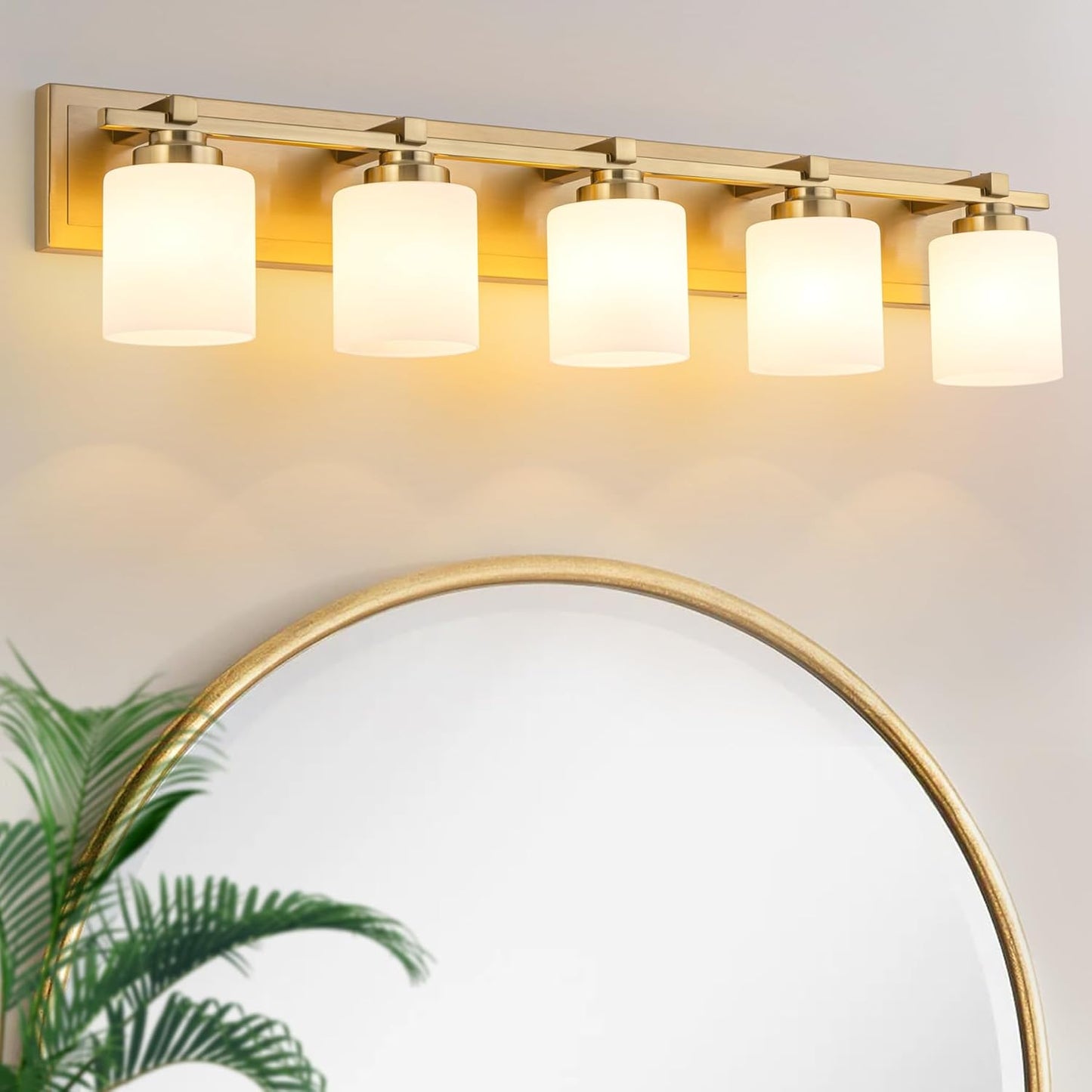 5 Light Modern Bathroom Light Fixtures Over Mirror, Brass Finish Vanity Lights for Bathroom Wall Sconces with Milky White Glass Shades, E26 Socket (Bulbs Not Included)