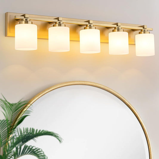 5 Light Modern Bathroom Light Fixtures Over Mirror, Brass Finish Vanity Lights for Bathroom Wall Sconces with Milky White Glass Shades, E26 Socket (Bulbs Not Included)