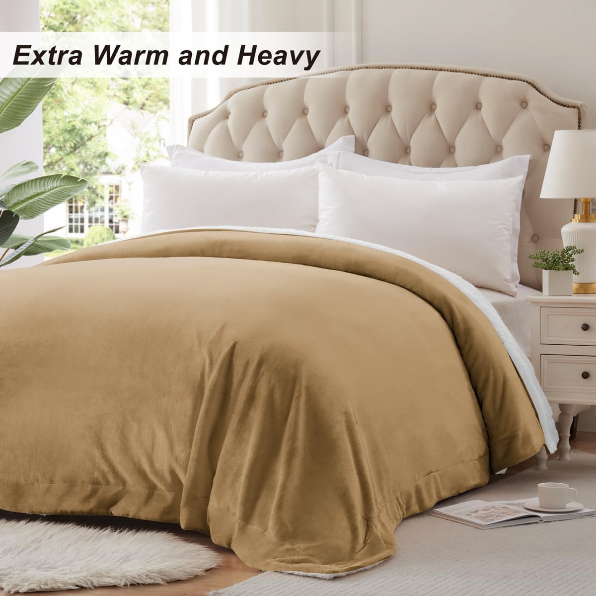 KAWAHOME Sherpa Fleece Queen Size Blanket for Bed - Extra Warm and Heavy Thick Blankets for Winter, Super Soft 500GSM Plush Blanket, 90"X 90" Camel