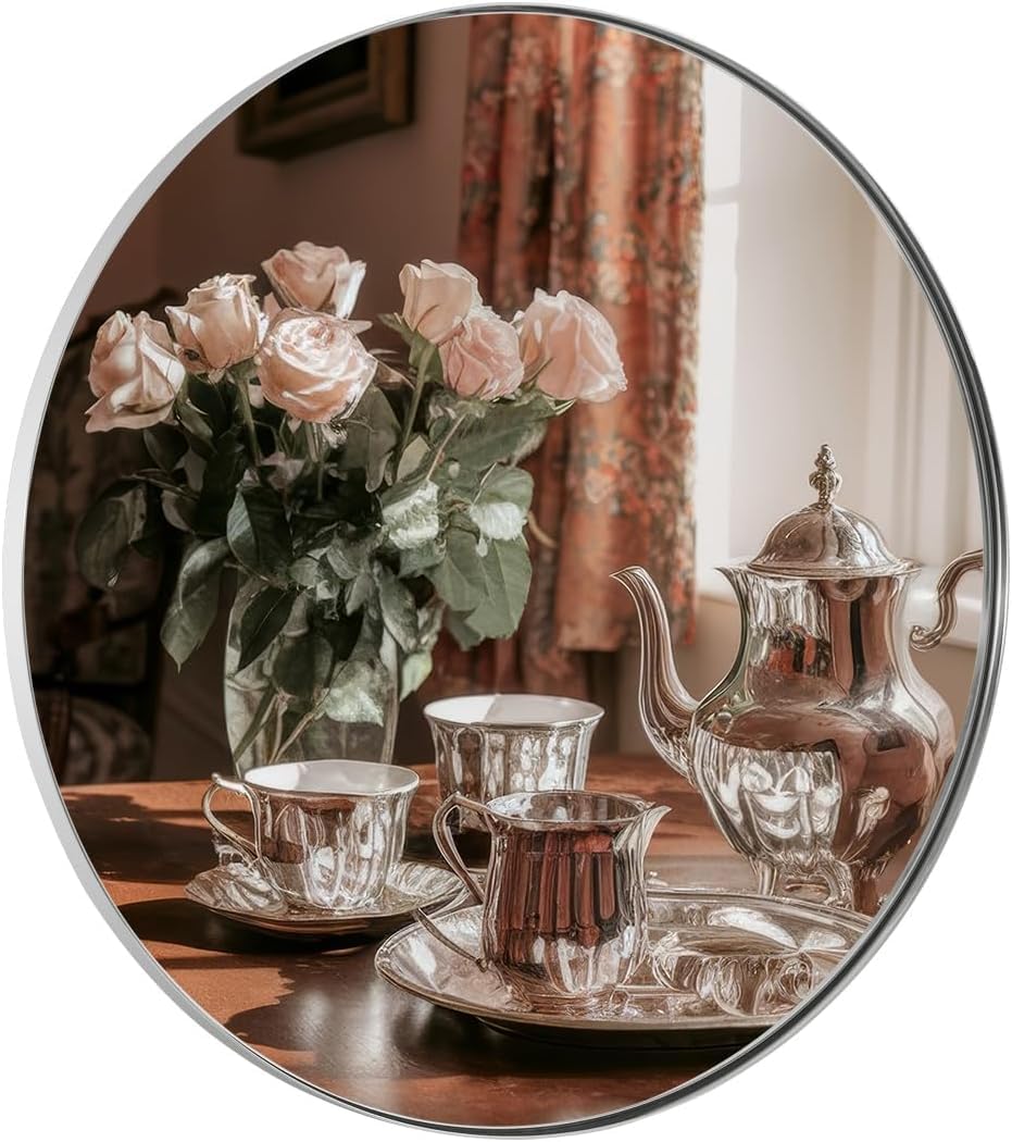 ANDY STAR Round Bathroom Mirror, 24’’ Polished Chrome Round Bathroom Mirrors in Stainless Steel Metal Frame 1" Deep Set Design 7