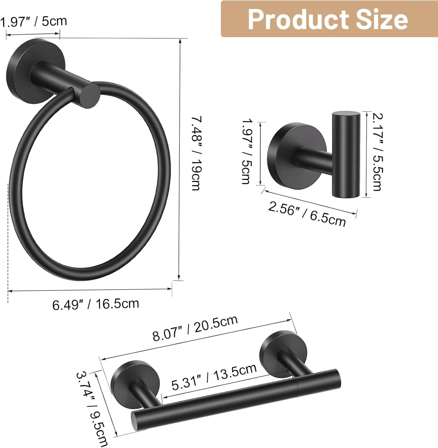 Black Bathroom Hardware Set, 4-Piece Towel Holder Set Include Double Bases Toilet Paper Holder,Towel Ring and 2 Towel Hooks Stainless Steel Wall Mounted Bathroom Hardware Accessories Set