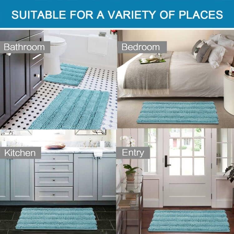 H.VERSAILTEX Bathroom Rugs Set 2 Piece Bathroom Contour Rug Toilet Mat Sets, Non Slip, Contou,r Ultra Thick, Water Absorbent, Striped Bath Rug, Washable(20" x 32" Plus 20" x 20" U, Aqua Haze)