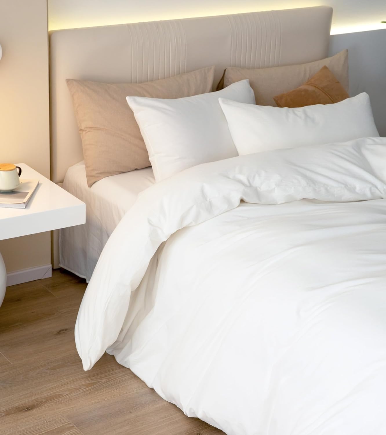 JIYUAN 100% Washed Cotton Duvet Cover Set 3 Pieces King, 1 Duvet Cover 104x90 Inches(Comforter Not Included) and 2 Pillowcases,Linen Feel Bedding Set Comfy and Breathable,Bright White