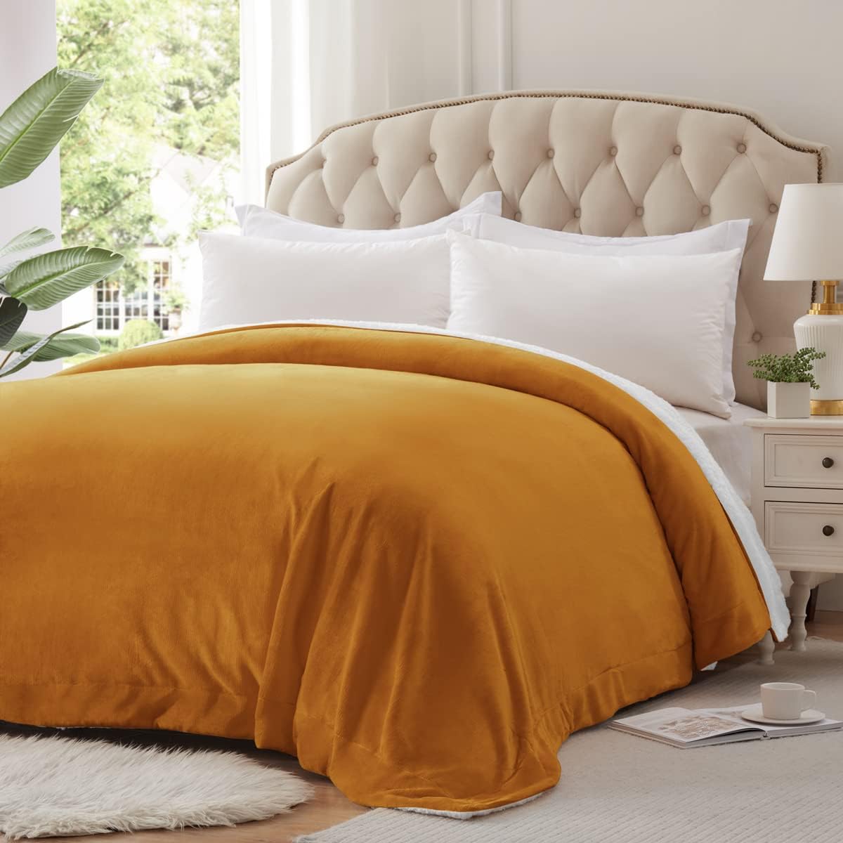KAWAHOME Sherpa Fleece King Size Blanket for Bed - Extra Warm and Heavy Thick Blankets for Winter, Super Soft 500GSM Plush Blanket, 108" X 90" Ginger Yellow