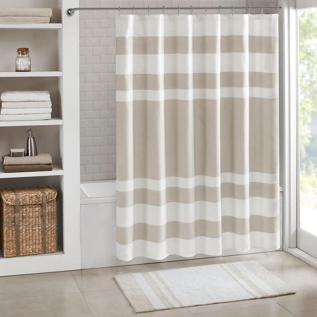 Madison Park Shower Curtain, Waffle Weave, Pieced Design Fabric Shower Curtain with 3M Scotchgard Moisture Management, Premium Spa Quality Modern Shower Curtains for Bathroom, Tall 72"x84" Taupe