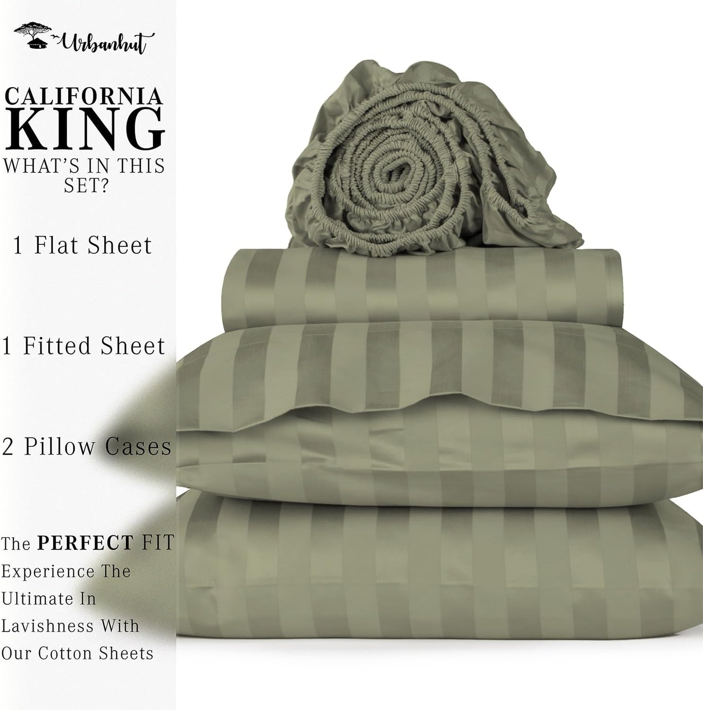 URBANHUT 1000 Thread Count Damask Striped California King Size Egyptian Cotton Sheets, Long Staple Soft & Breathable, 4 Pc Bed Sheet Sets, Luxury Hotel Sateen Sheets Fits 16" Deep Pocket - Sage