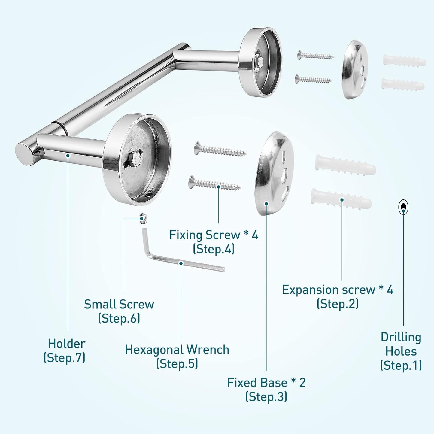 Chrome Toilet Paper Holder - Polished Metal Bathroom Flexible Pivot Tissue Roll Holder on Wall Mounted, Sturdy SUS 304 Stainless Steel Toilet TP Large Mega Roll Holder Modern Silver