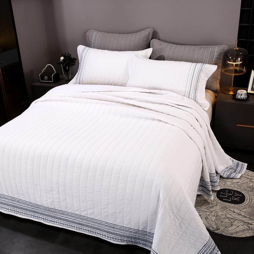 Quilt Set Floral Leaves 3D Embroidery Pattern 3 PCS Cotton Reversible Quilted Embroidered Decorative Bedspreads Coverlet Set, Lightweight &Soft Queen Size Beige Bedding Coverlet for All Season