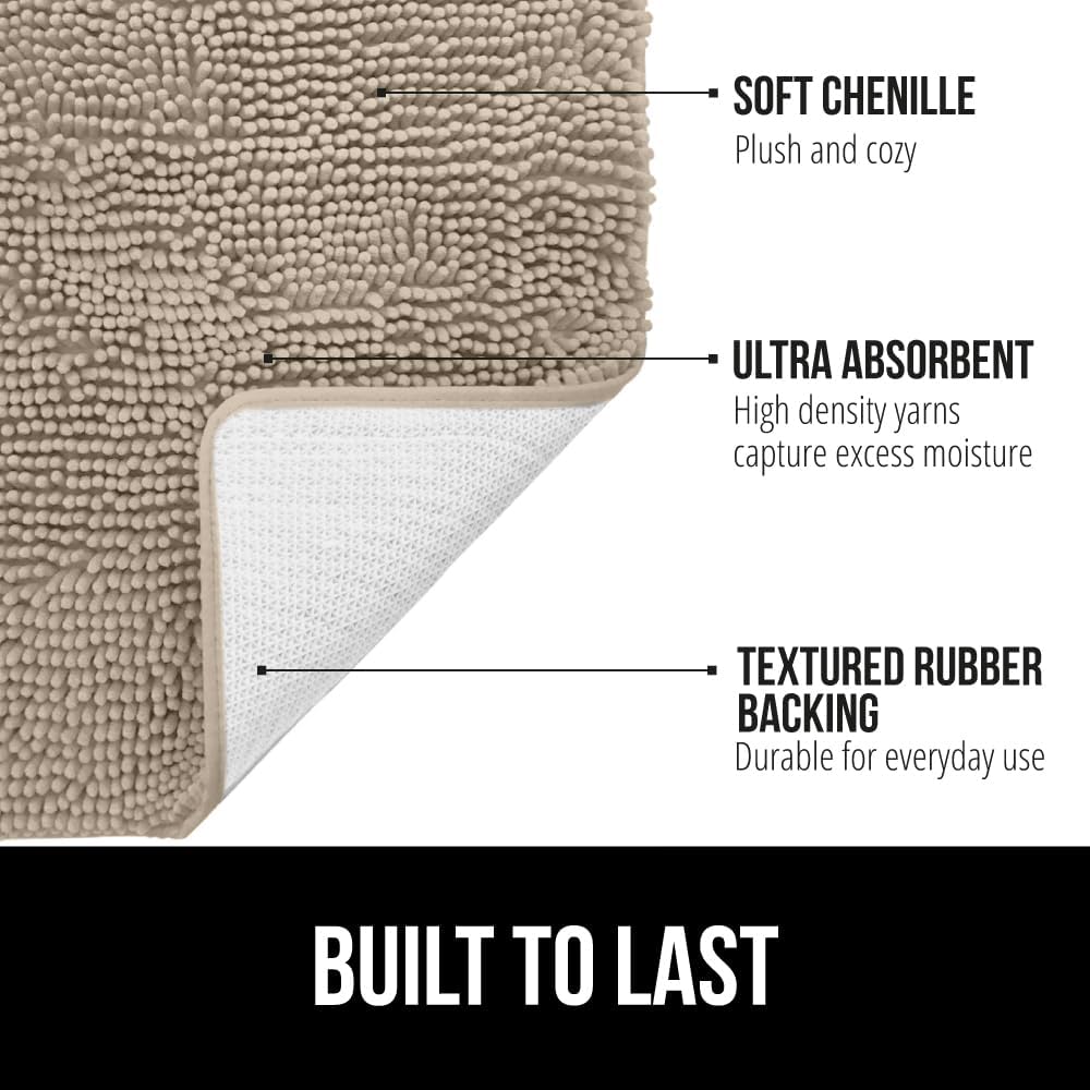 GORILLA GRIP Bath Rug Mat 48x24, Thick Absorbent Chenille, Quick Dry Microfiber Mats, Rubber Backing Washable Shower Floor Rugs, Bathmat Runner, US Designed Bathroom Home Decor Accessories Gray Beige