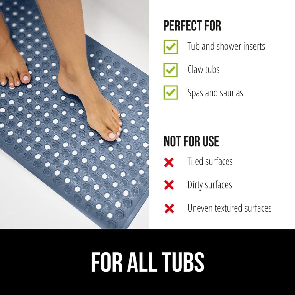 GORILLA GRIP Patented Bath Tub Shower Mat, Machine Washable Bathtub Floor Liner Mats, Suction Cups and Drain Holes to Keep Tubs Clean, Soft on Feet, Bathroom Essentials, 35x16 Inch, Clear Navy