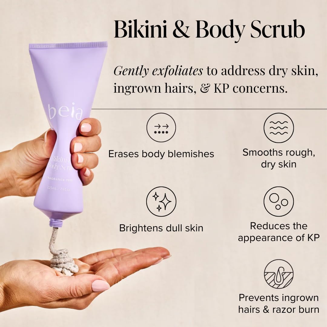 Beia Bikini & Body Scrub - Gentle Exfoliating Body Scrub with Glycolic Acid & Rice Extract - Fights Ingrown Hairs KP Bumps & Dry Skin - Hydrating & Soothing for Sensitive Skin 7.6 Oz